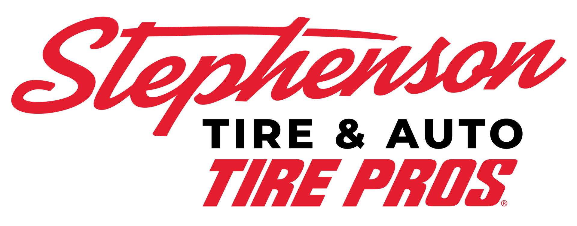 Logo for Stephenson Tire & Auto. Red cursive "Stephenson," black "TIRE & AUTO", red "TIRE PROS".