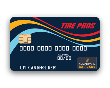 Tire Pros credit card with blue background, gold chip, and colorful curved lines. Synchrony Car Care logo.