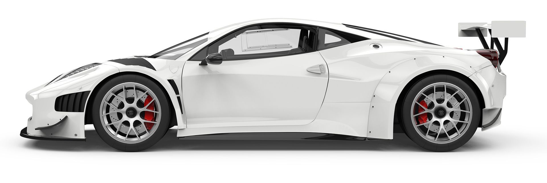 A white ferrari 488 gt3 race car is shown from the side on a white background.