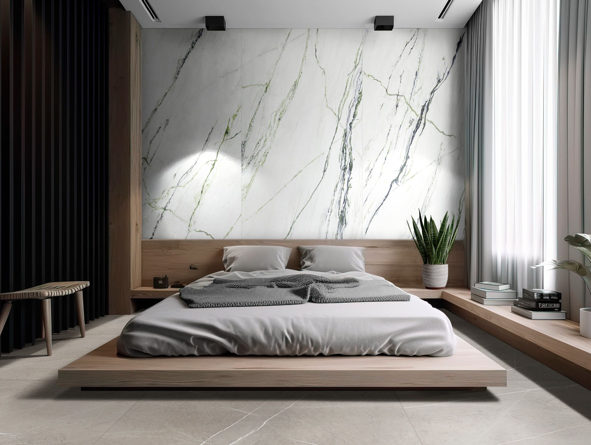 Una camera da letto con un letto grande e una parete di marmo.