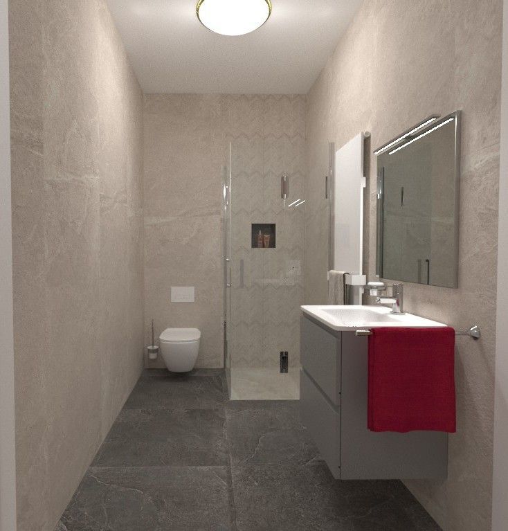 Un bagno con un water un lavandino e uno specchio