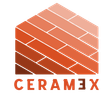 Un logo per un'azienda chiamata ceramix con un muro di mattoni a forma di casa
