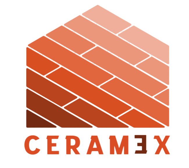 Un logo per un'azienda chiamata ceramix con un muro di mattoni a forma di casa