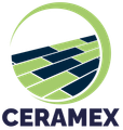 Un logo per un'azienda chiamata ceramix con un muro di mattoni a forma di casa