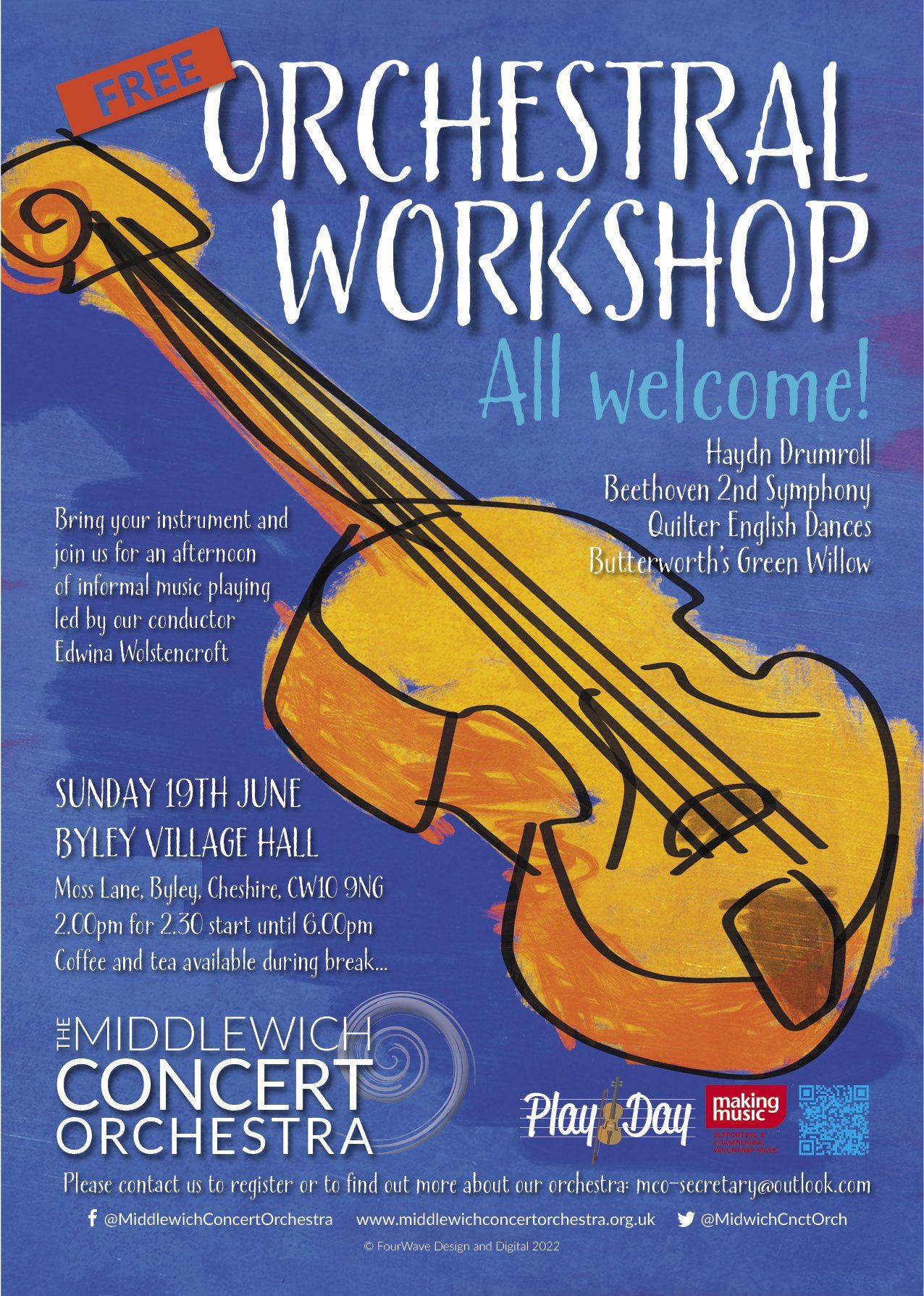 Middlewich Concert orchestra poster - June 2023 - violin drawn in the style of Raoul Dufy ©Jac Lee of FourWave Design