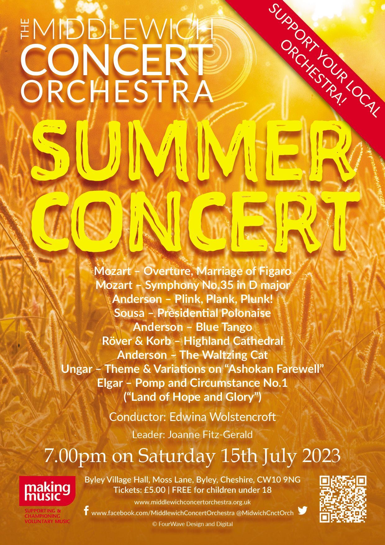 A poster for the Middlewich Concert orchestra performance of Summer 2023 ©Jac Lee of FourWave Design