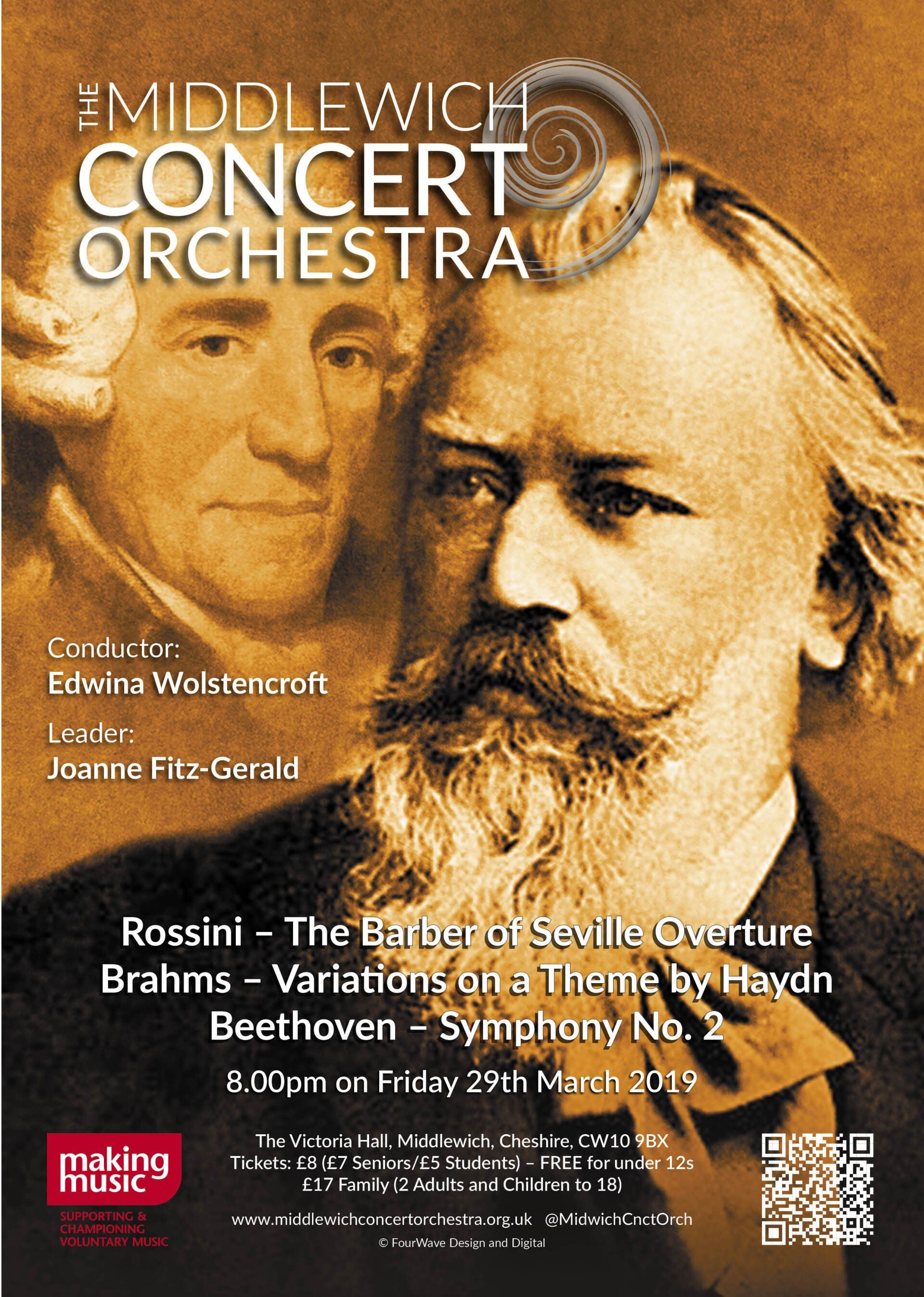A poster for the Middlewich Concert orchestra performance of Spring 2019 ©Jac Lee of FourWave Design