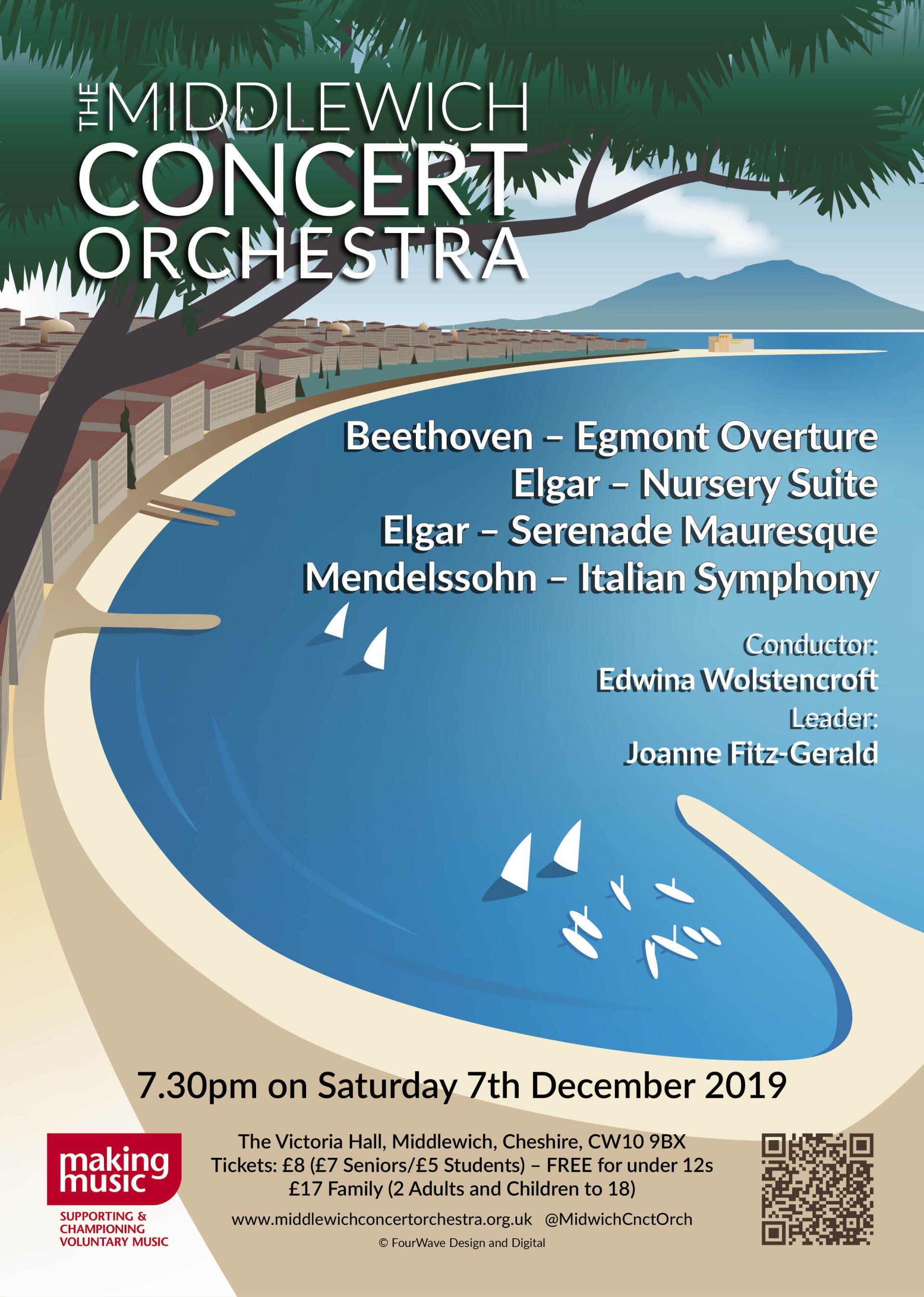 Middlewich Concert orchestra performance Winter 2019 - featuring an  illustration of the Bay of Naples ©Jac Lee of FourWave Design
