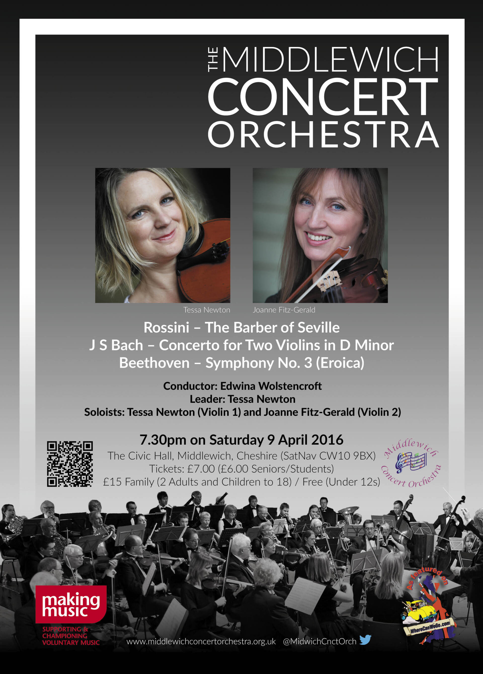 A poster for the Middlewich Concert orchestra performance of Spring 2016 ©Jac Lee of FourWave Design