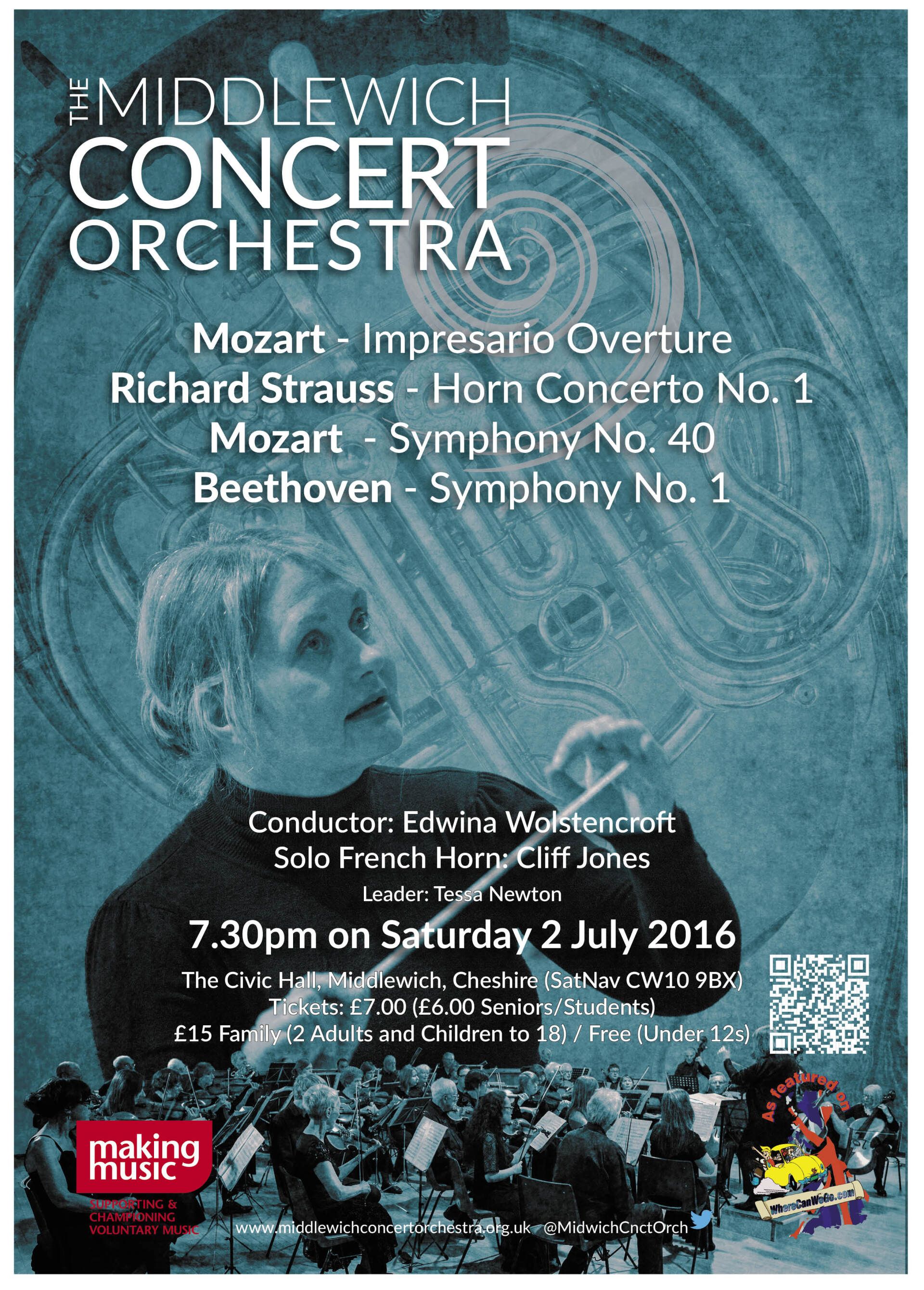 A poster for the Middlewich Concert orchestra performance of Summer 2016  ©Jac Lee of FourWave Design