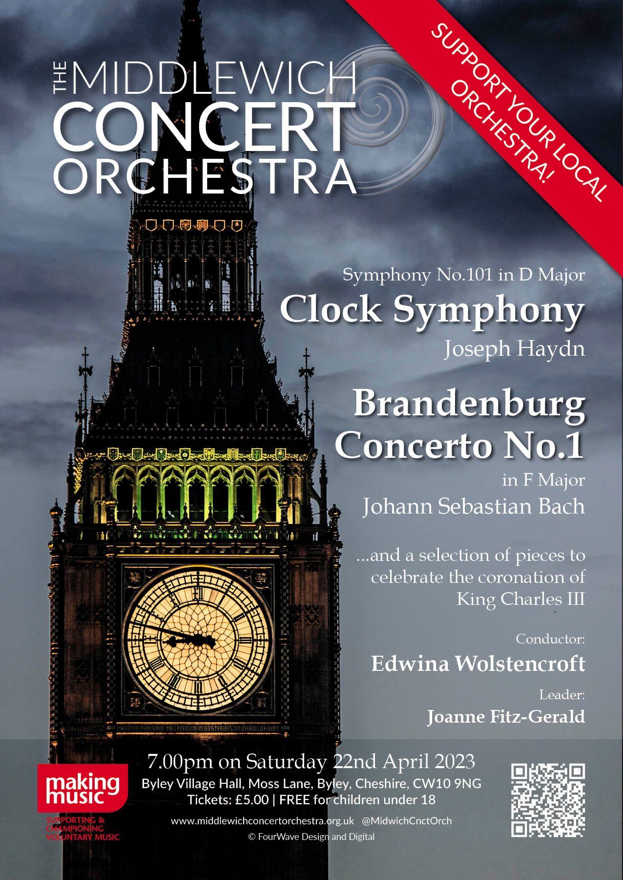 A poster for the Middlewich Concert orchestra performance of Spring 2023