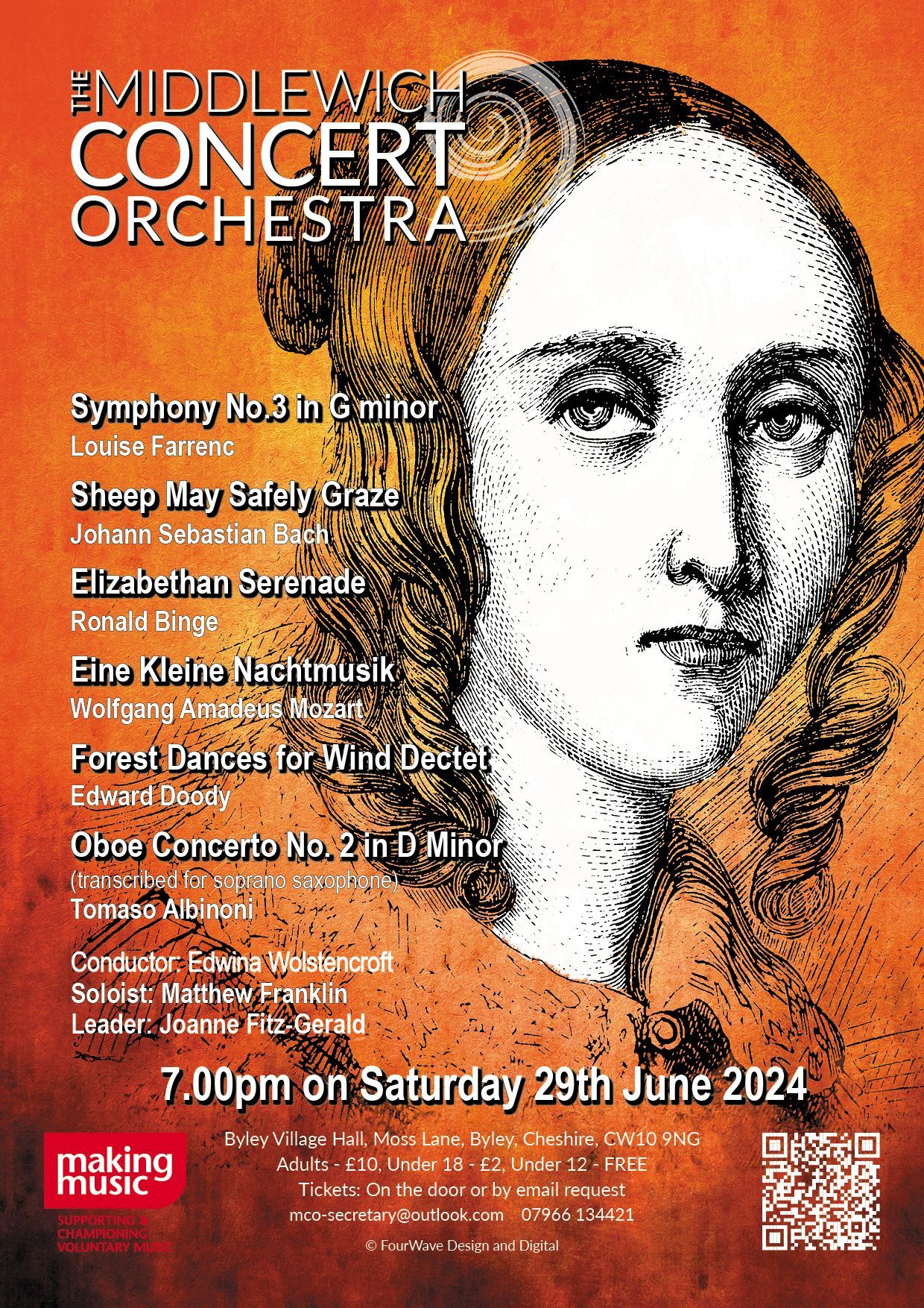 A poster for the Middlewich Concert orchestra performance of Spring 2024 ©Jac Lee of FourWave Design