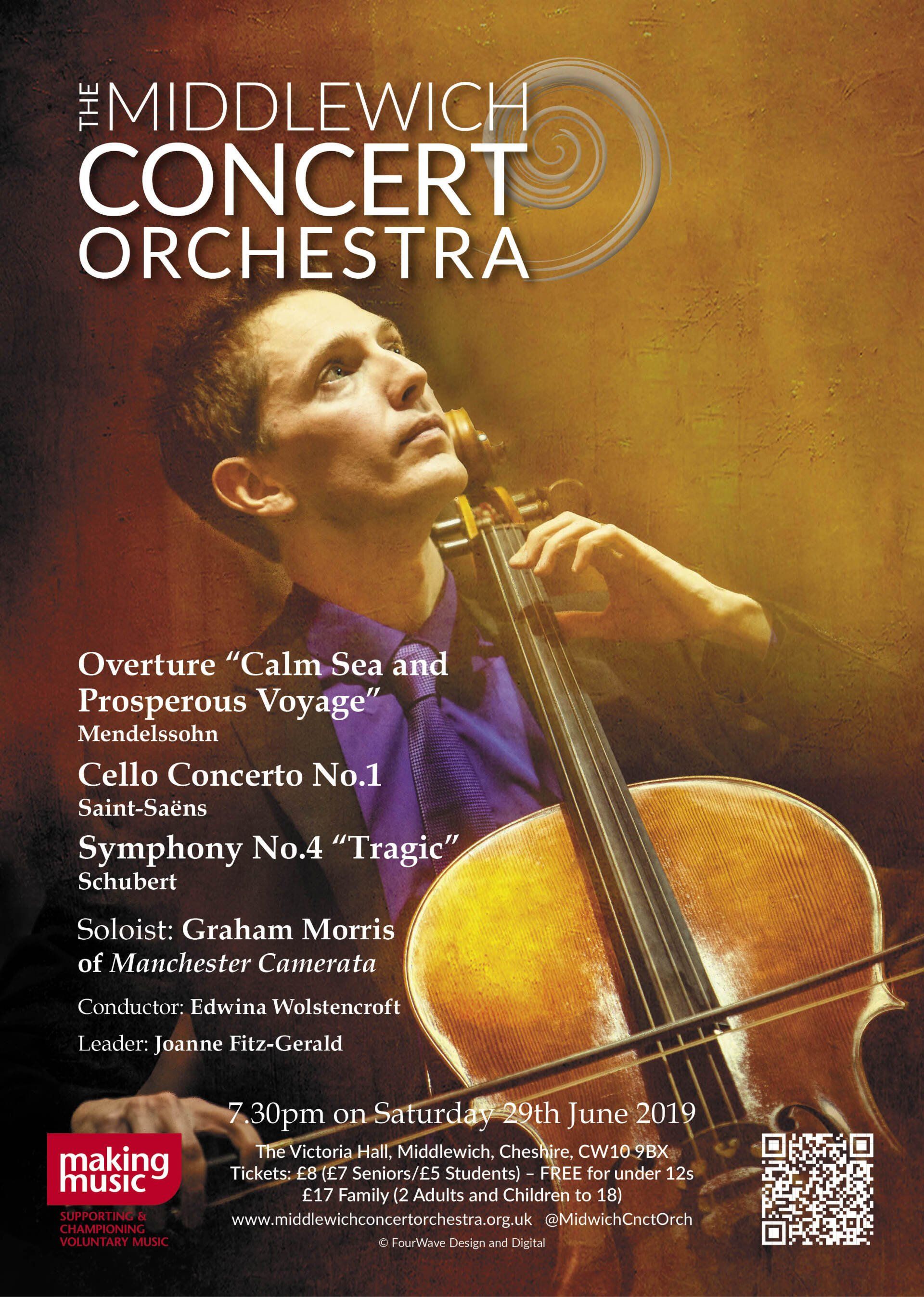 A poster for the Middlewich Concert orchestra performance of Summer 2019 ©Jac Lee of FourWave Design