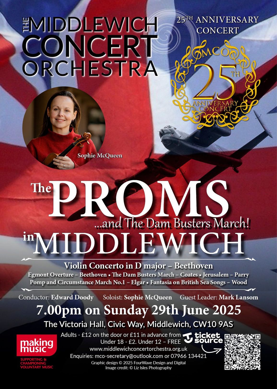 Poster of the Middlewich Concert orchestra performance for Spring 2025 ©Jac Lee of FourWave Design