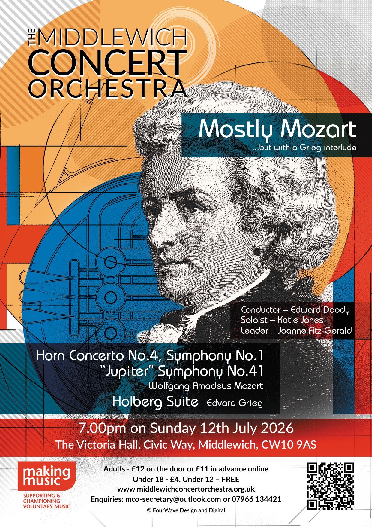 A poster promoting the Middlewich Concert orchestra performance of March 2026 ©Jac Lee of FourWave Design and Digital