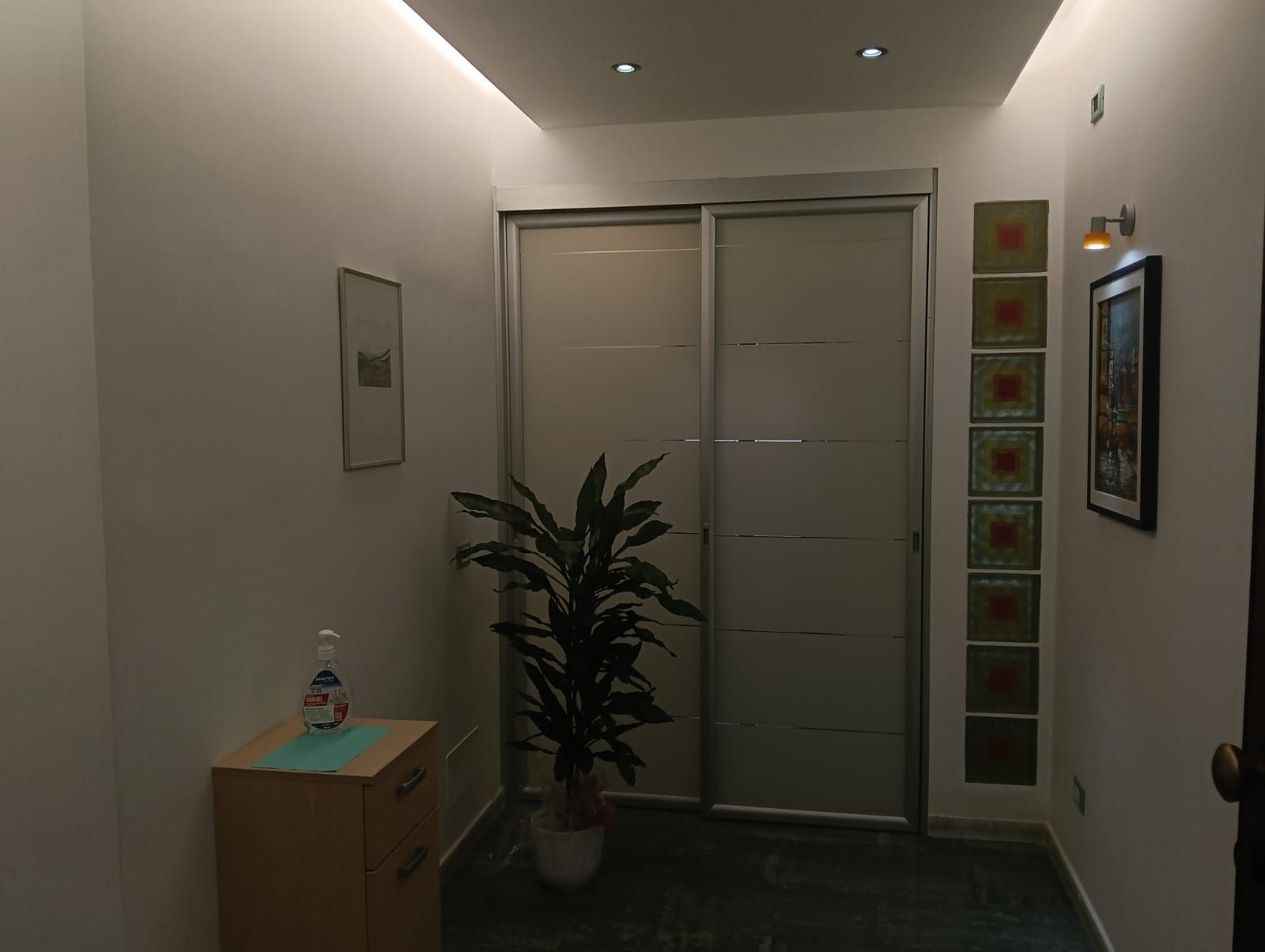 Un corridoio con una pianta e un quadro sul muro