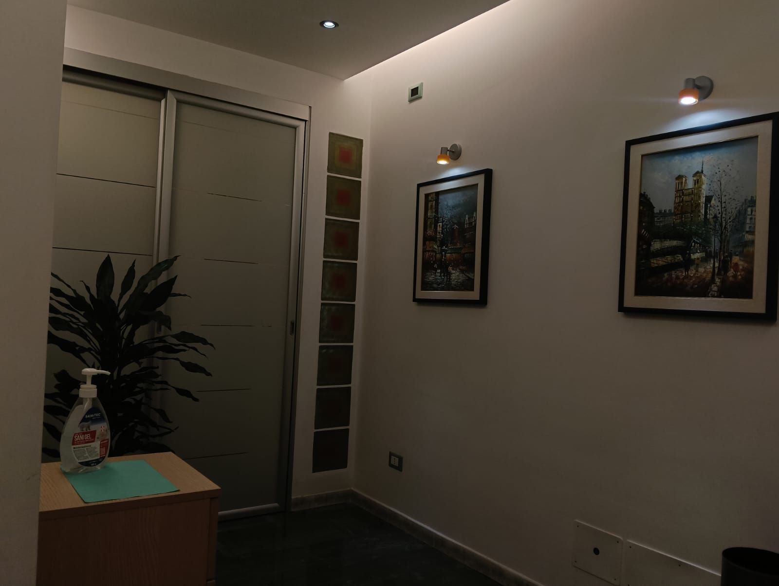 Un corridoio con una pianta e due quadri sul muro