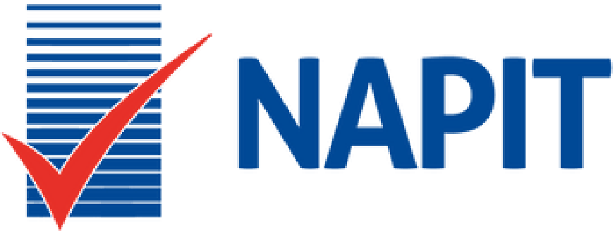 A blue and white logo for napit with a red check mark