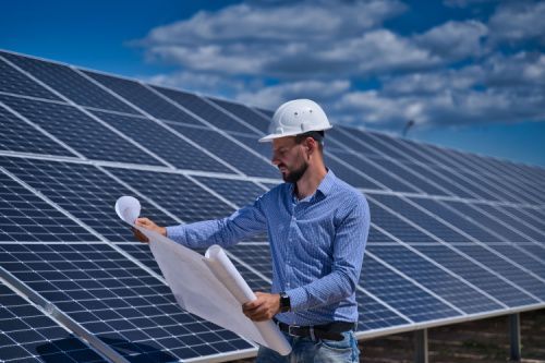 A man is standing in front of a solar panel holding a blueprint.