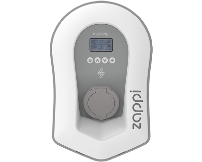 A white and gray device with the word zappi on it