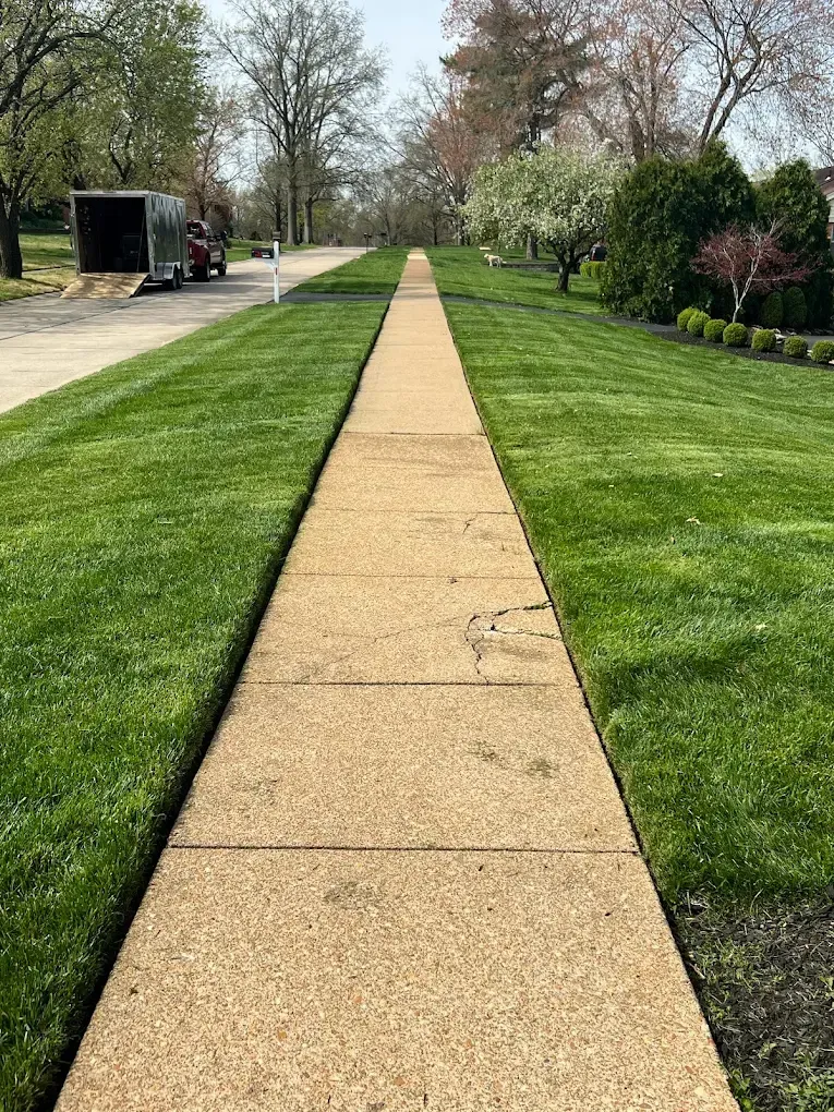 Sidewalk lined with green lawns and trees, leading to the distance with a trailer on the left.