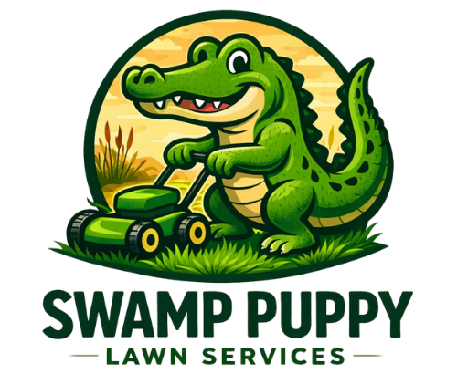 Green alligator mowing lawn; Swamp Puppy Lawn Services logo.