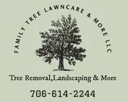 Logo for Family Tree Lawncare & More LLC: tree graphic with text about tree removal, landscaping, and phone number.