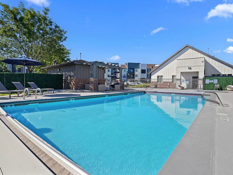 Pool with lounge chairs on a sunny day. A building and trees are in the background.