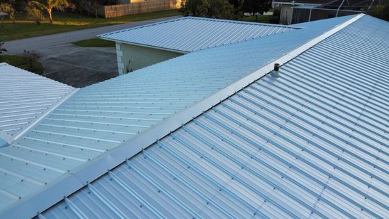 A close up of a metal roof on a house.