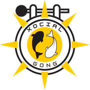 A yellow and black logo features a circular gong with a yin-yang fish design and sunburst spikes, labeled