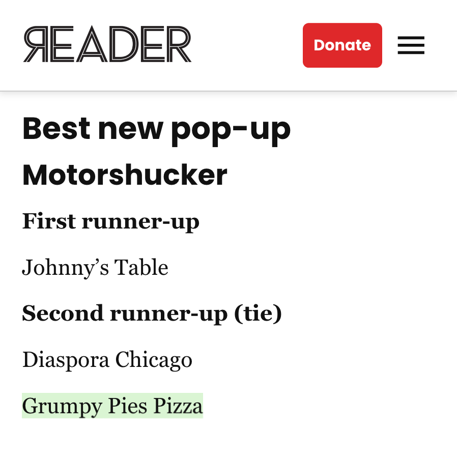 Chicago Reader votes Grumpy Pies Pizza Best New Pop-up of 2023