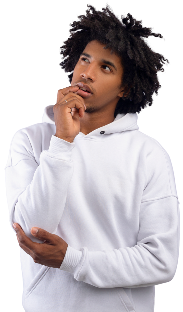 Man in white hoodie, looking up thoughtfully, hand near mouth.