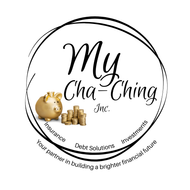 Logo: Golden piggy bank and coins with the words 