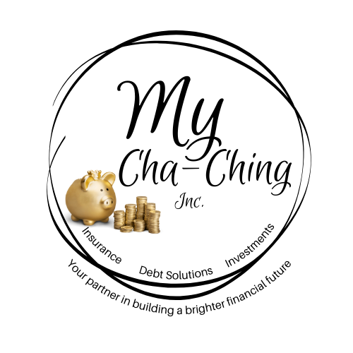 Logo: Golden piggy bank and coins with the words 