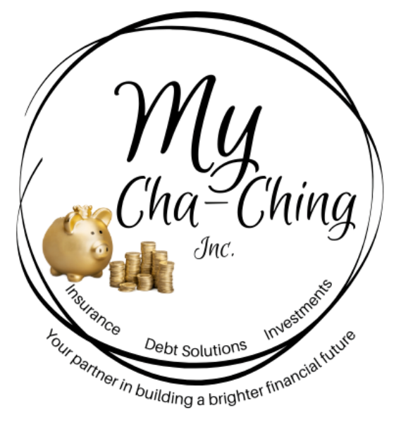 Logo for My Cha-Ching Inc., financial services, with a piggy bank, coins, and text within a circle.