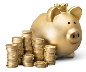 Golden piggy bank with a crown beside stacks of gold coins.