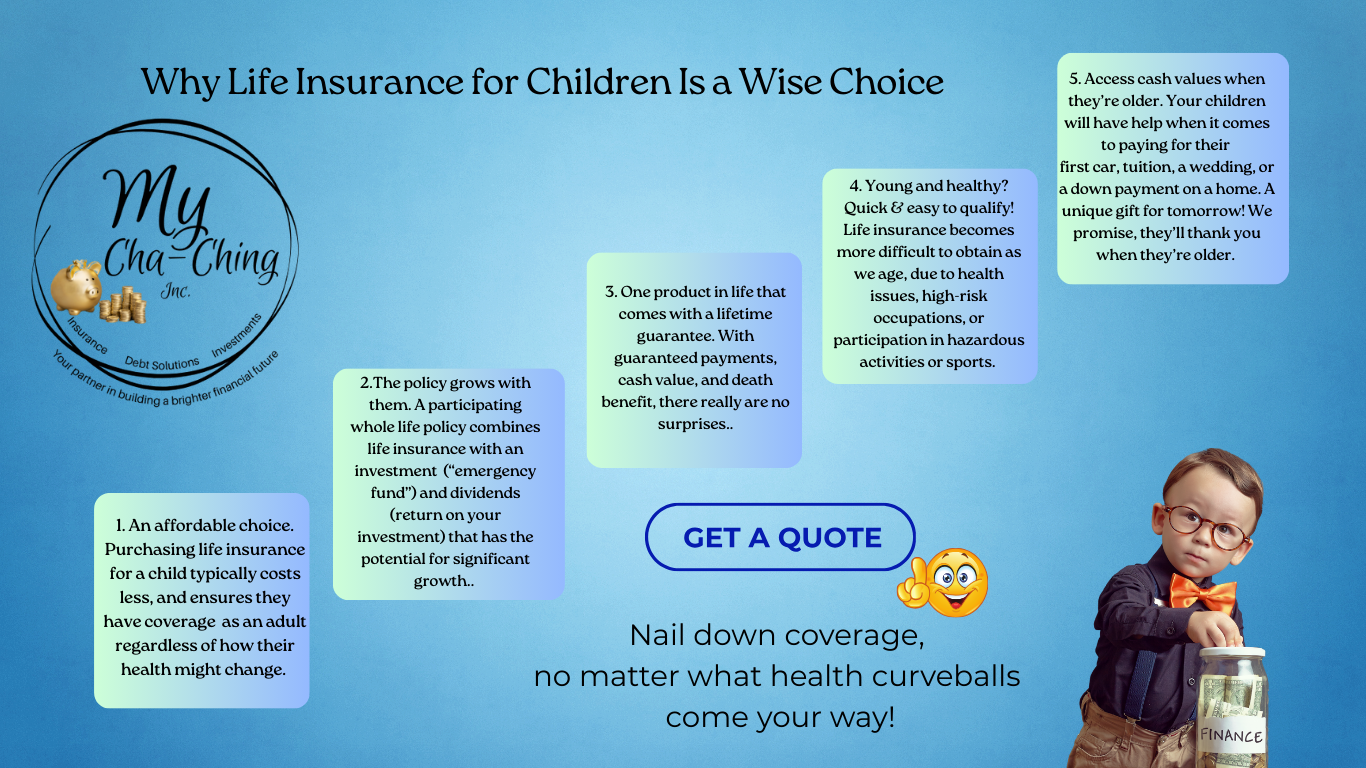 Infographic on life insurance for children. A boy puts coins in a jar, with text, and 