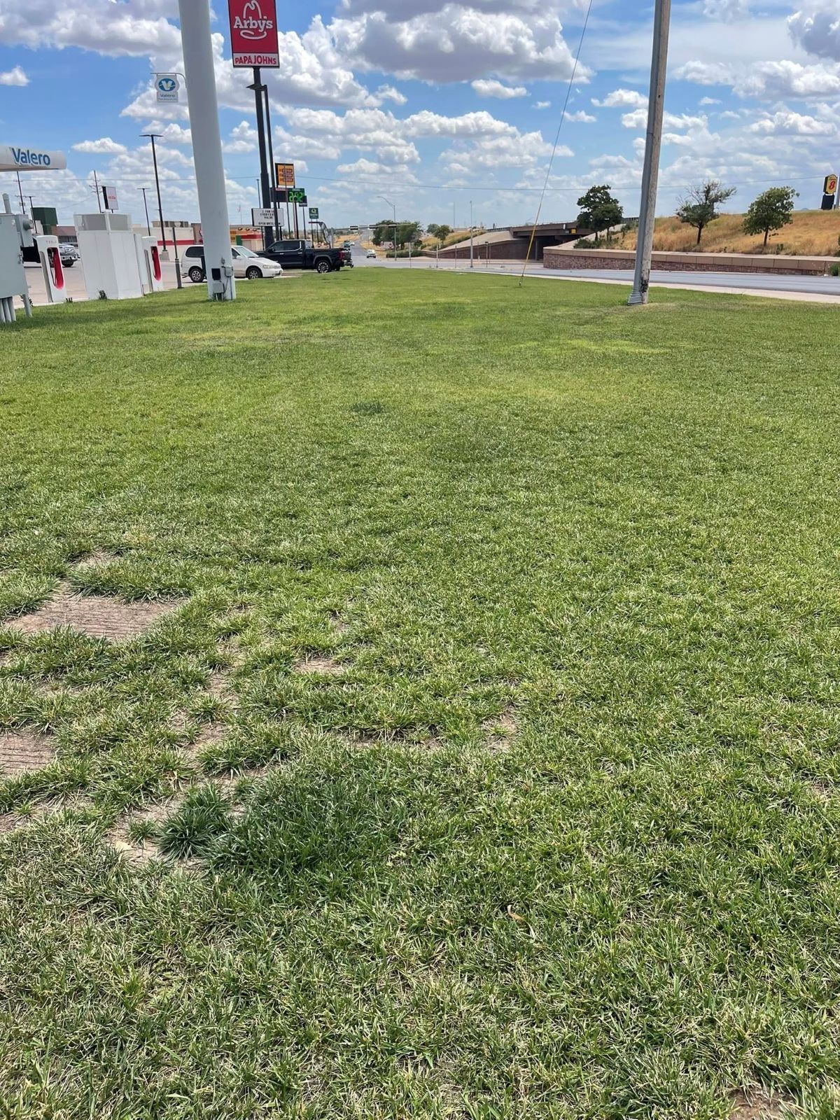 Grassy area in front of a gas station with a road and cloudy sky in the background.