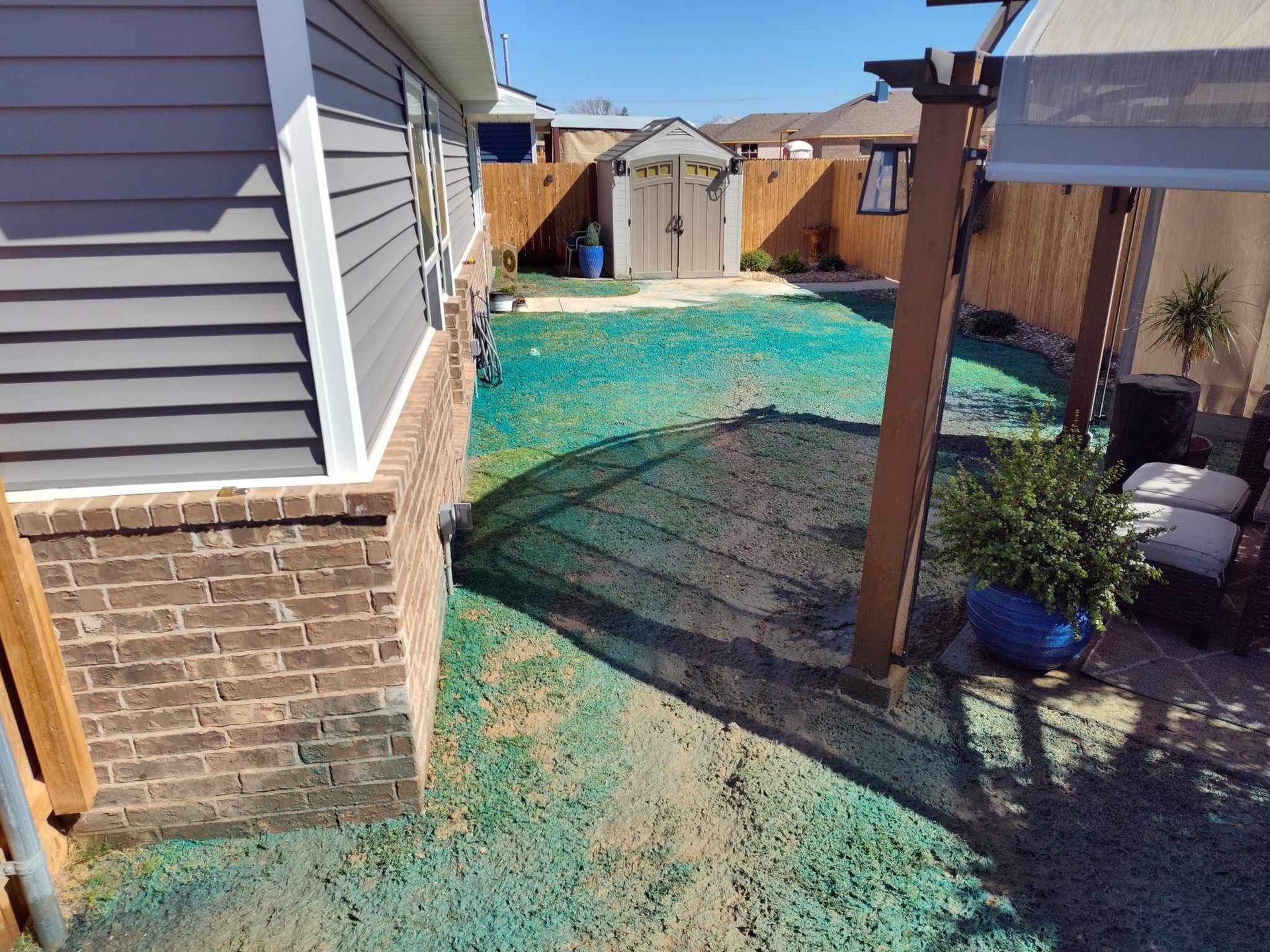 Backyard with green lawn treatment, wooden fence, shed, and house with brick and siding.