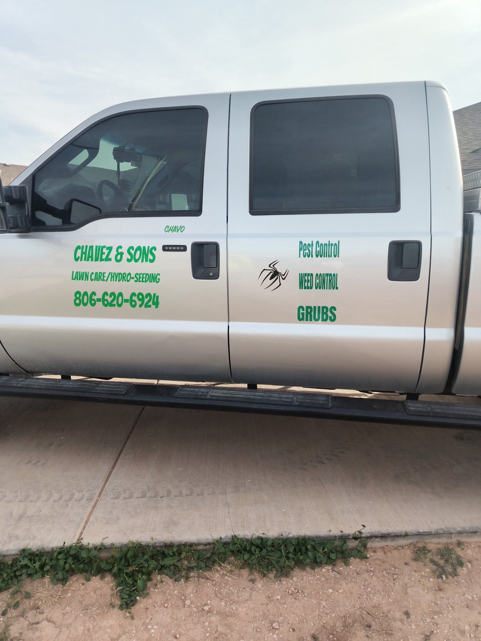 Silver pickup truck with green text on the side: 