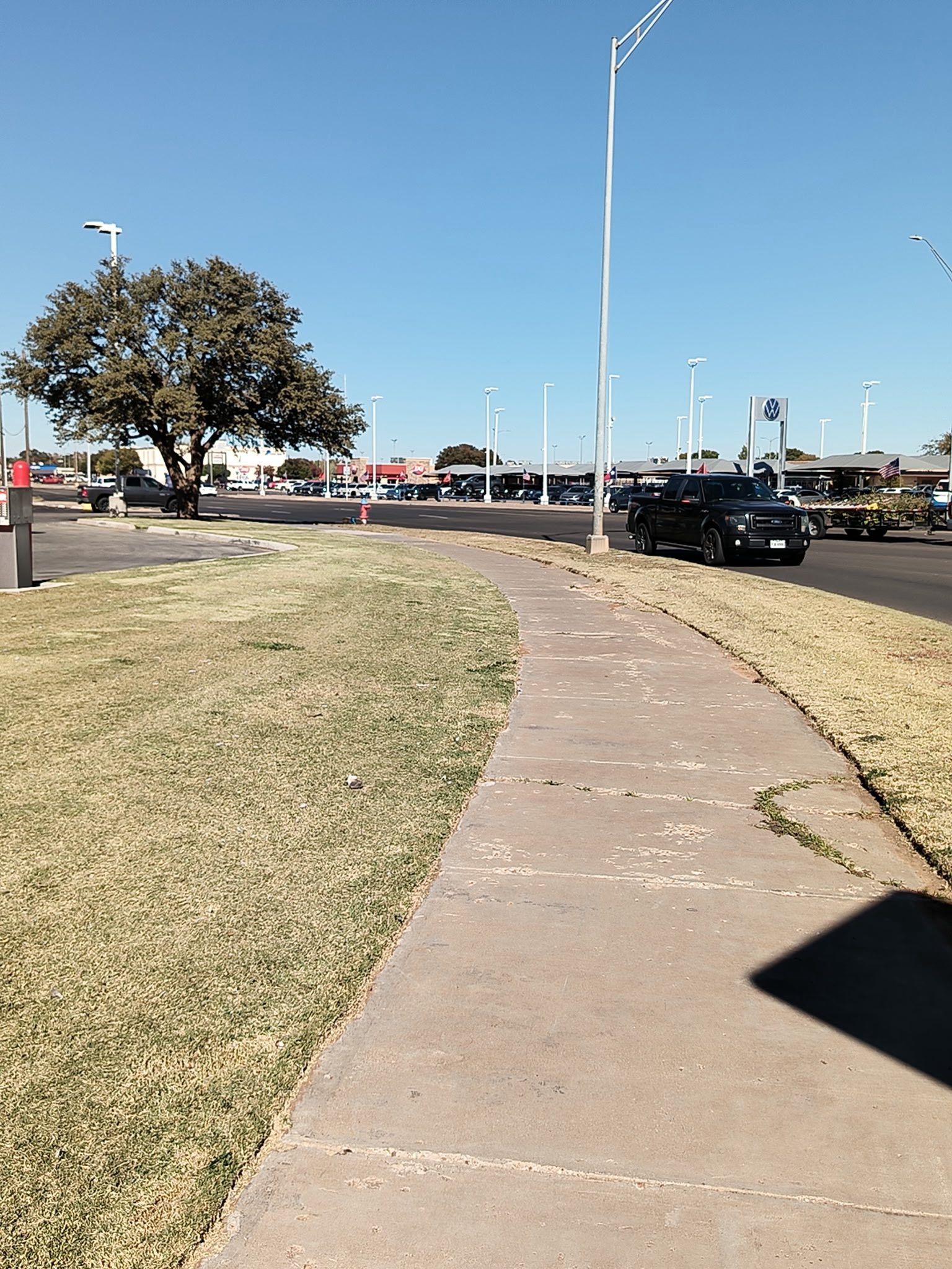 Sidewalk curves along dry grass and leads toward a street with cars and a tree under a blue sky.
