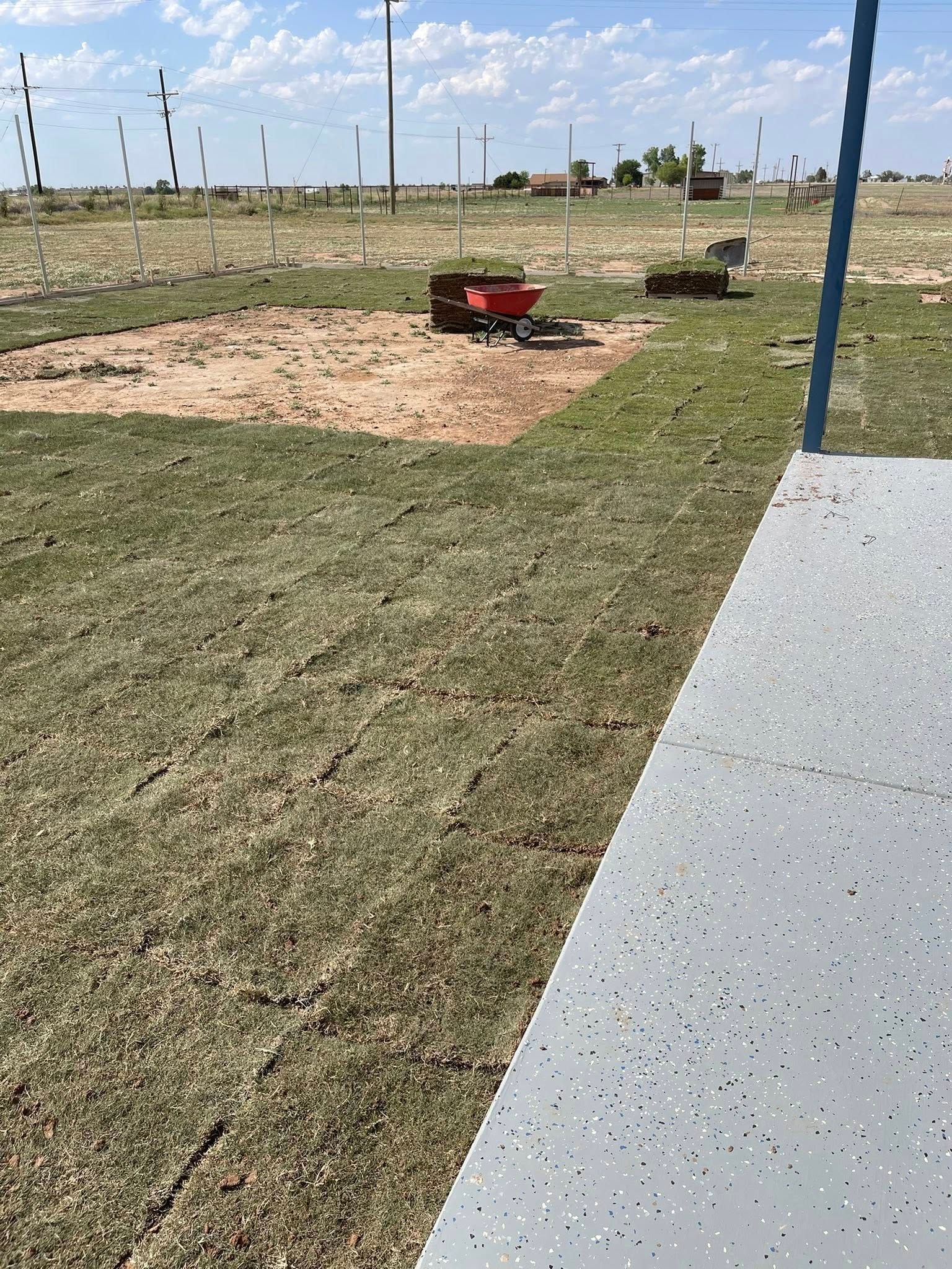 Grassy field with a square dirt patch, wheelbarrow, and speckled gray surface. Blue sky, fence in the distance.