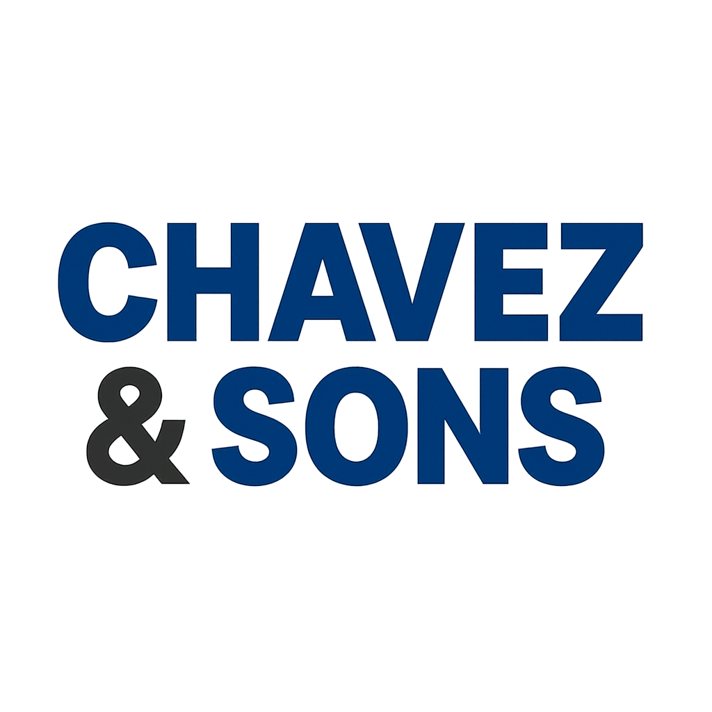 "CHAVEZ & SONS" text logo, dark blue text with dark gray ampersand.
