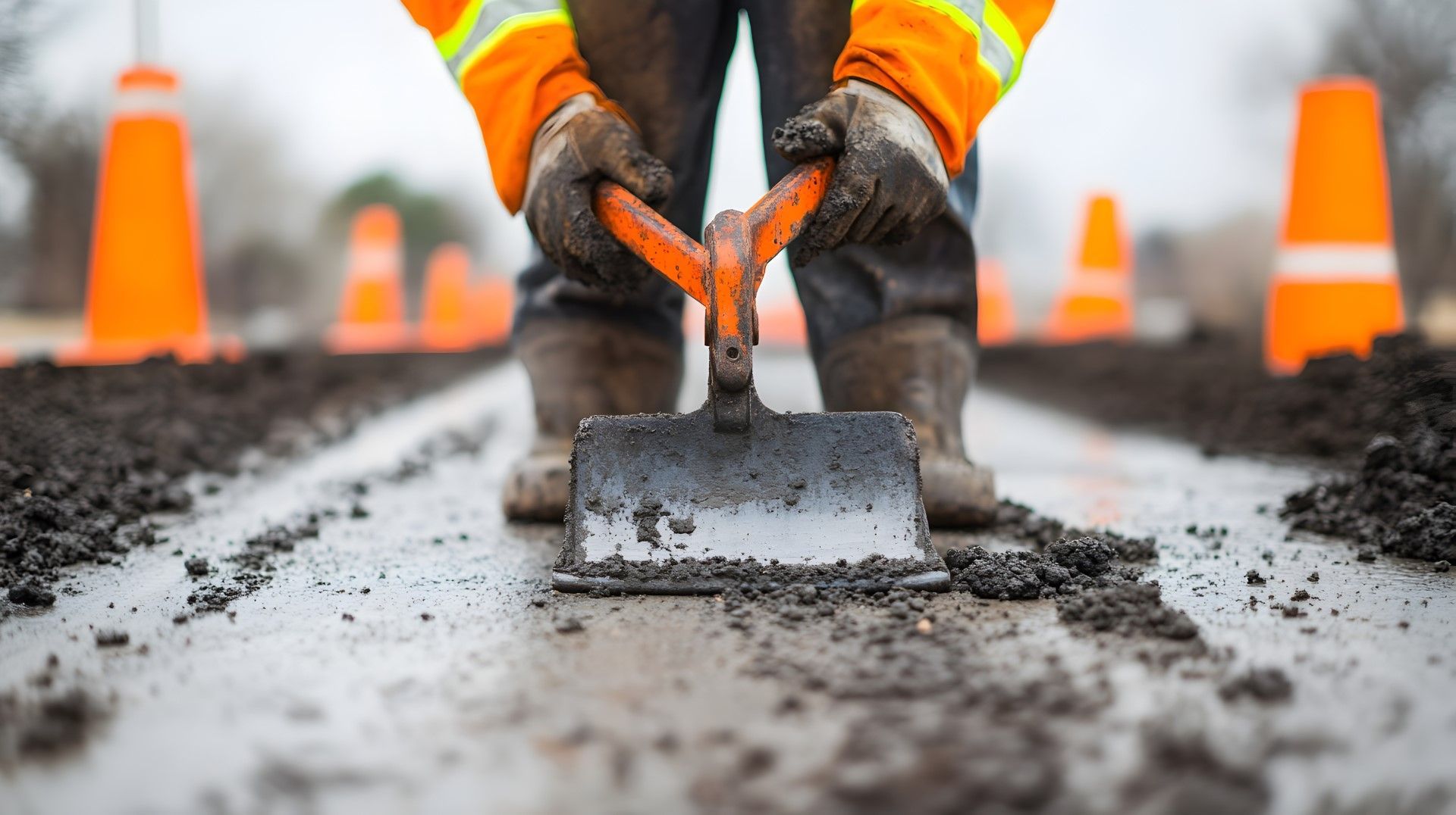Road worker using a hand tool to smooth wet asphalt, wearing orange safety gear.