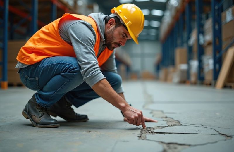 Warehouse worker in orange vest and yellow helmet inspecting cracks in the concrete floor.
