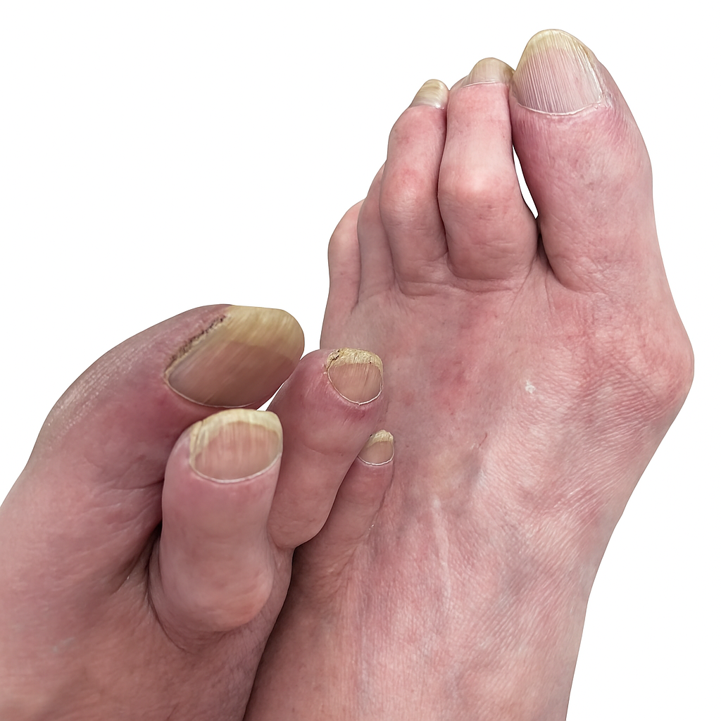 Foot with yellowed, thick toenails; likely fungal infection.
