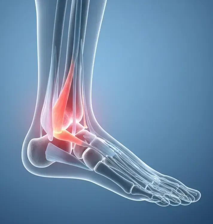 X-ray view of ankle with highlighted red areas indicating pain/injury in the ligaments.