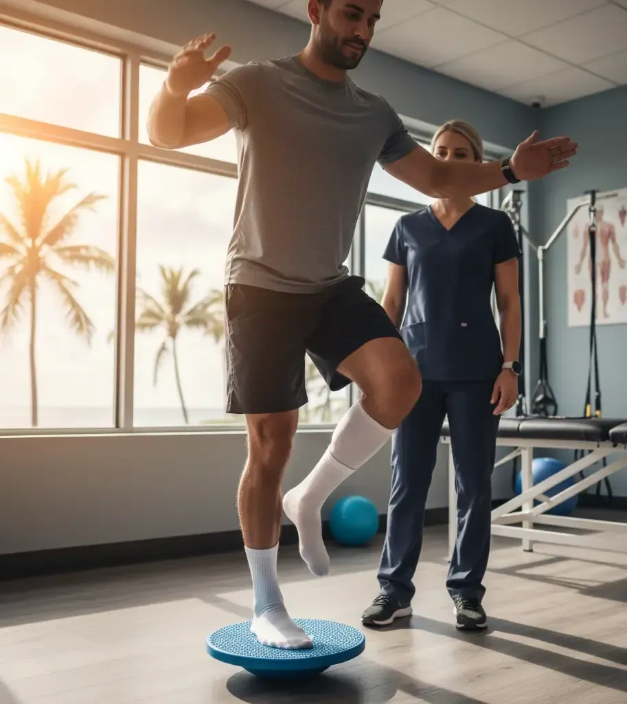 Man balancing on a blue disc during physical therapy with a professional looking on.