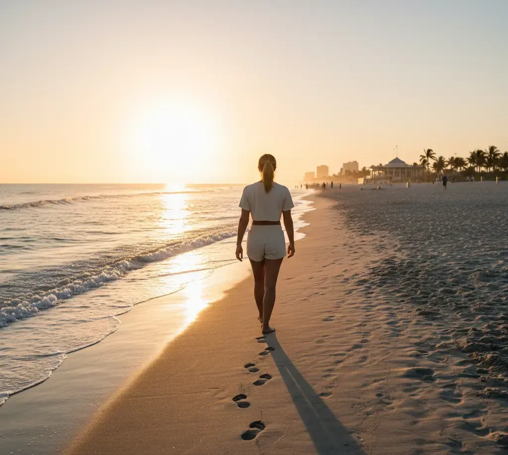Person walking on a sandy beach towards the setting sun. Footprints in the sand, water on the shore.