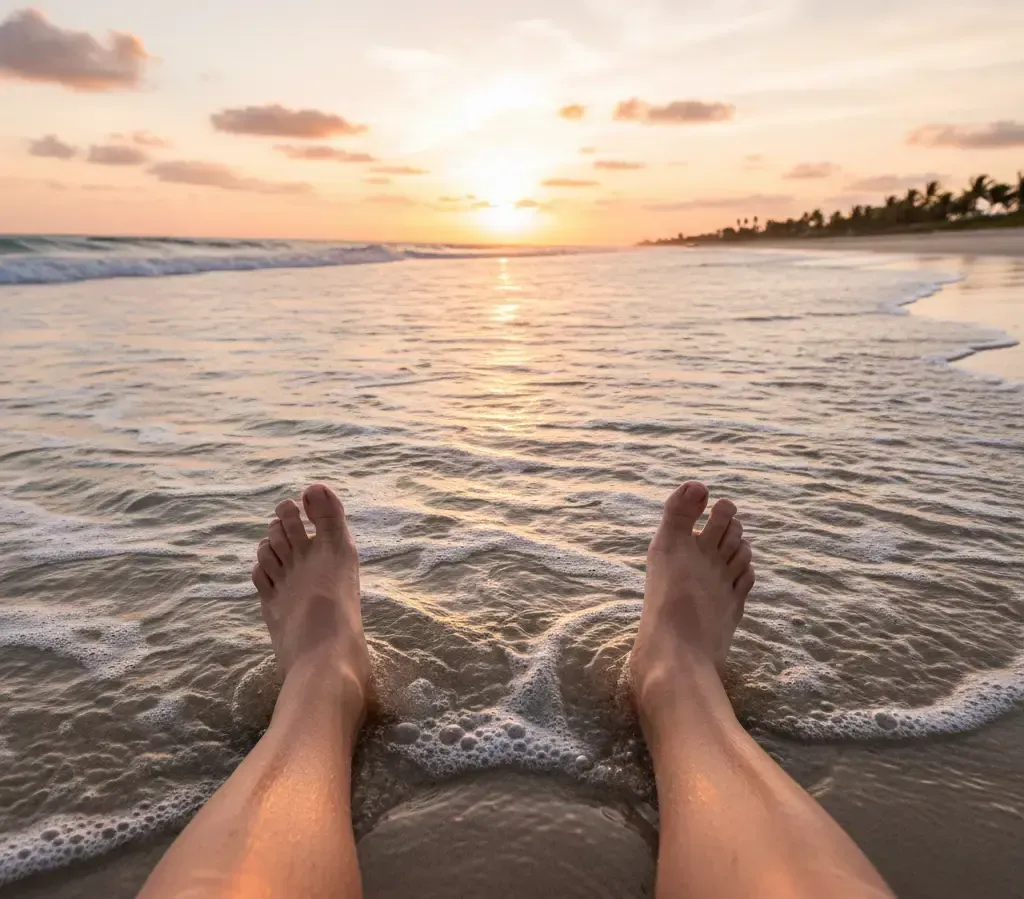 Feet in shallow ocean water at sunset.